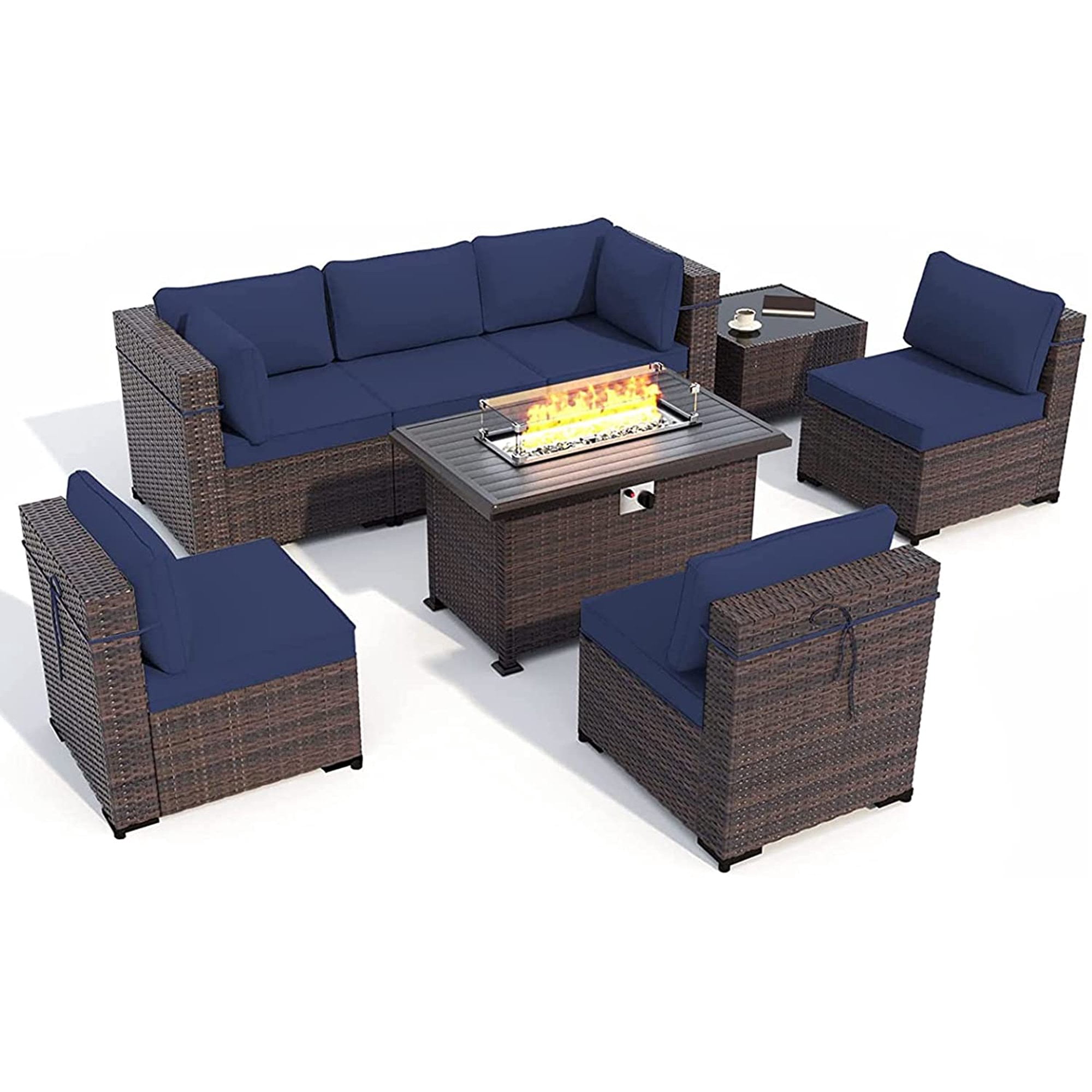 Kullavik 8 Pieces Outdoor Furniture Set with 43" Gas Propane Fire Pit Table PE Wicker Rattan Sectional Sofa Patio Conversation Sets,Navy Blue - image 2 of 7