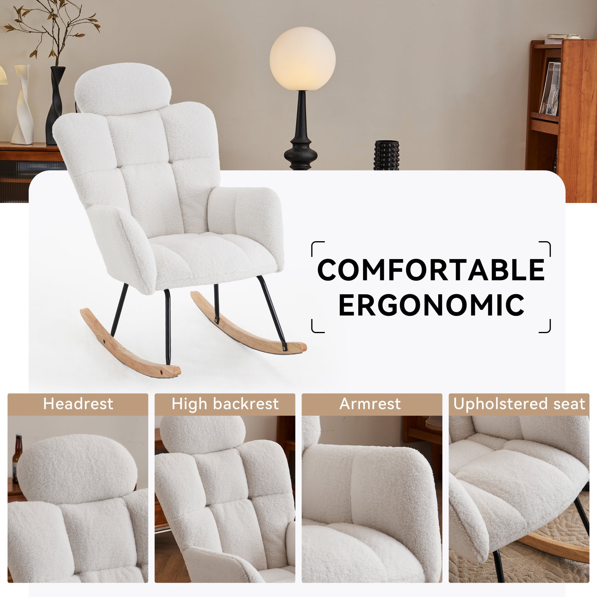 Jopath Rocking Chair,Fabric Upholstered Rocking Glider Chair Accent Armchair Padded Seat with High Backrest and Pillow for Living Room Bedroom (Ivory)