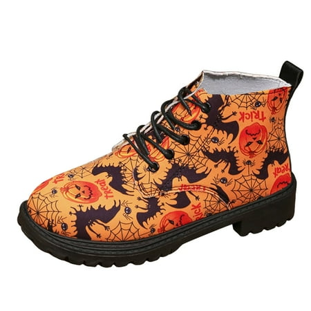 DVKOVI Womens Shoes Casual Short Cowgirl Boots Women Pumpkin Print Casual Women Ankle Boots Soft Insole Warm Breathable Lining for Ladies Fall Winter Orange 38