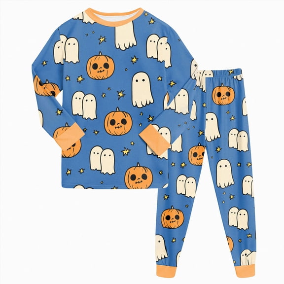 CAICJ98 Boy Halloween Pajamas Pumpkin Ghost Toddler Pajamas Girls Soft Cotton Long Sleeve Pjs Set Kids 2 Piece Snug Fit Sleepwear (8-9 Years,Blue)