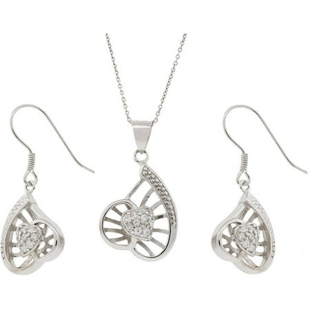 Pori Jewelers CZ Sterling Silver Heart Earring and Pendant Set