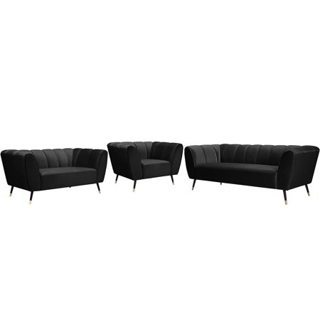 Black Velvet Channel Tufted Sofa Set 3Pcs BEAUMONT Meridian Contemporary Modern