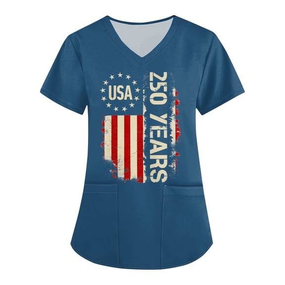 AHMOMEI S-5XL Plus Size Women's 250th Anniversary Print Scrub Tops for Women Stars Stripes Women Nurse Uniform with Pocket Blue 4XL