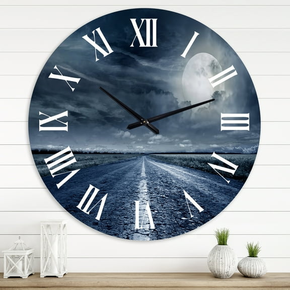 Designart 'Asphalt Road Under Cloudy Full Moon Ii' Nautical & Coastal Wall Clock