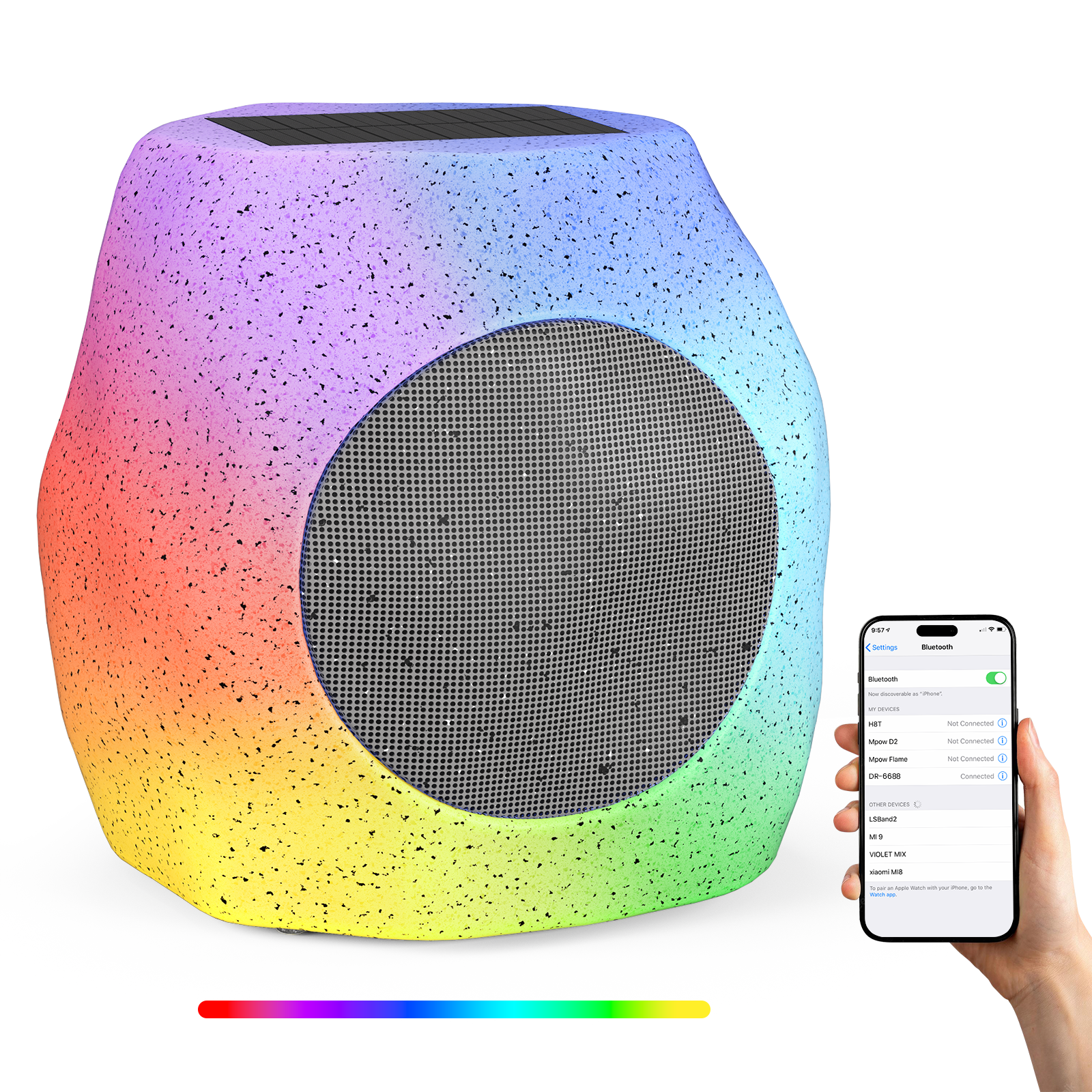 Smart Bluetooth Speakers with Colorful Lights , Outdoor Waterproof Speaker for Pool Garden and Outdoor Activities, Solar-Powered, Build in App Control,TWS Paring