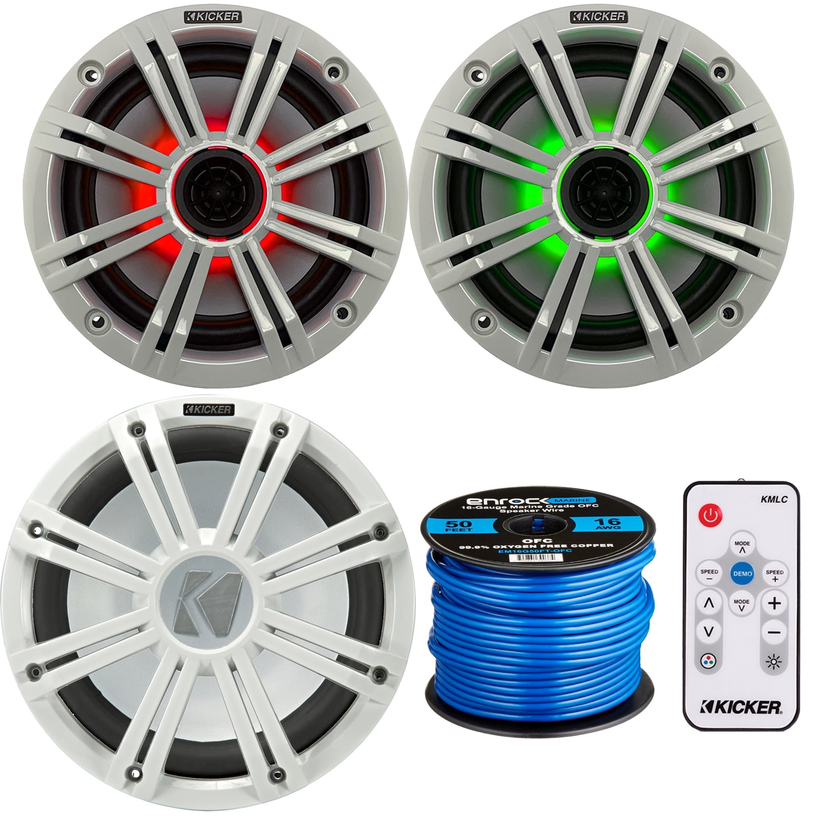 2 x Kicker 6.5" OEM Replacement 150W Marine Coaxial 2Way MultiColor LED Speakers (White Grilles