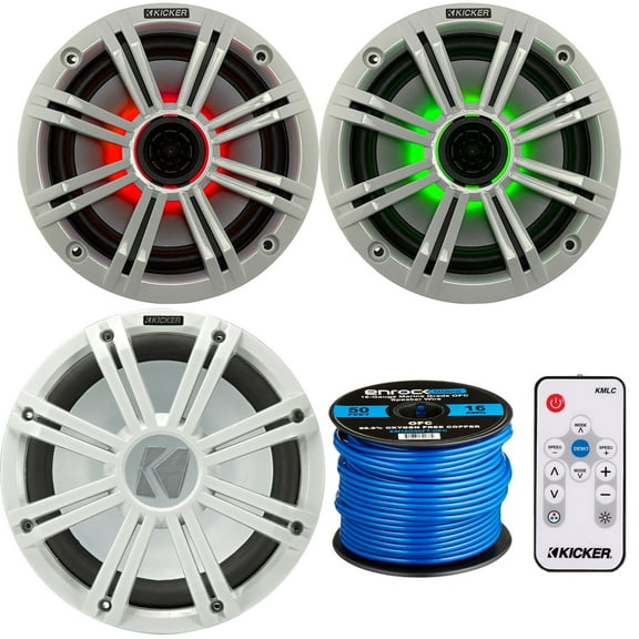 2 x Kicker 6.5" OEM Replacement 150W Marine Coaxial 2-Way MultiColor LED Speakers (White Grilles), 10" Weather-Proof White LED Subwoofer, LED Remote Controller, Speaker Wire