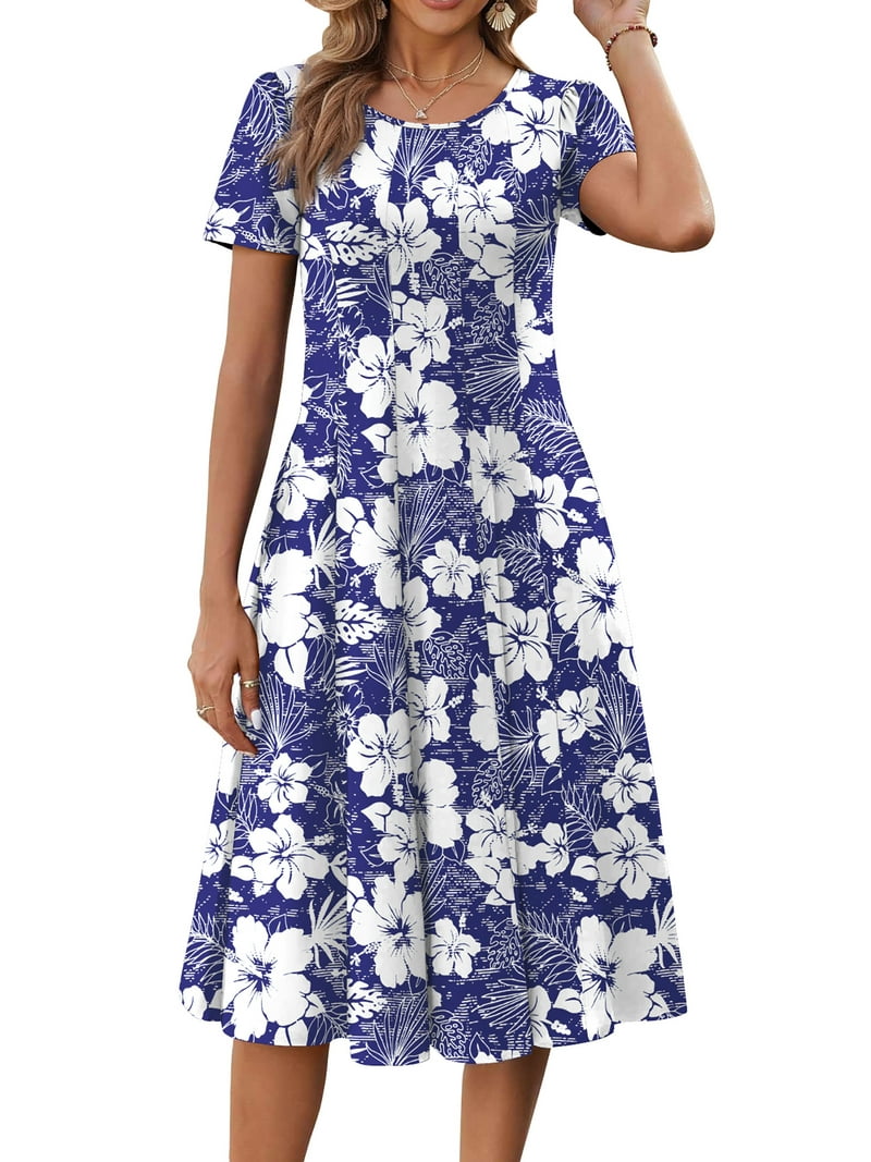 Fantaslook Summer Dresses for Women, Casual Short Sleeve Floral Pleated  Midi Sundress with Pockets