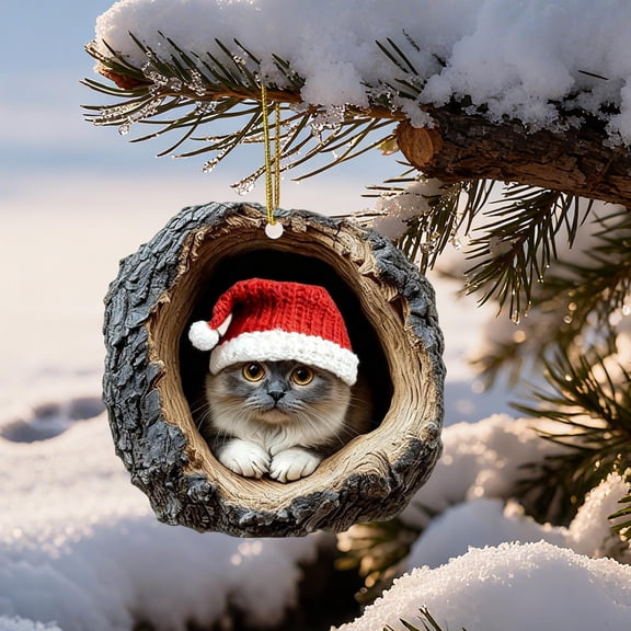 Cute Cat with Christmas Hat Hanging Pendant - 3.15 in Acrylic 2D Flat Christmas Tree Decoration, for Home Holiday Tree Window Car Indoor Outdoor Decor