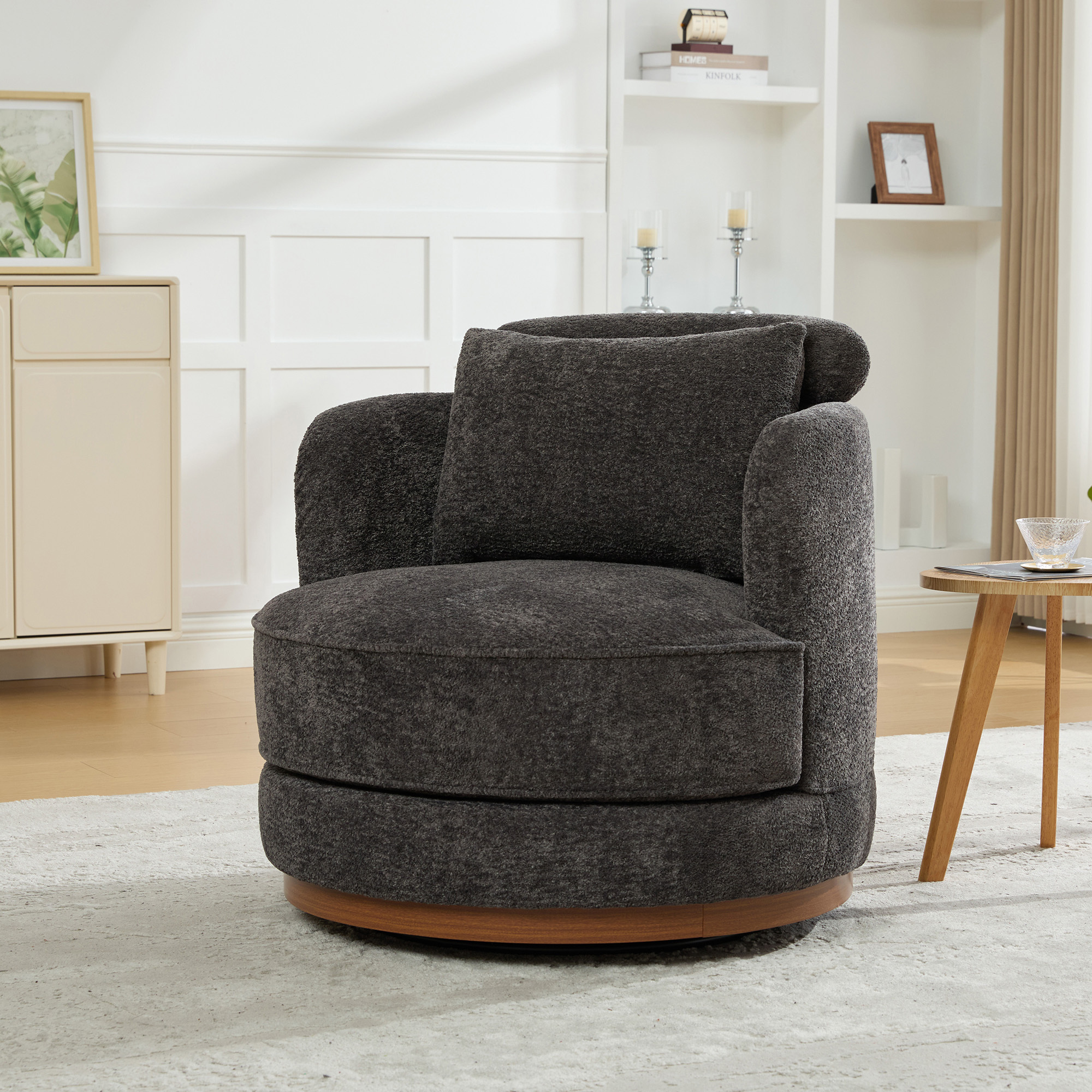 Leumius 360°Swivel Barrel Chair with 1 Plump Pillow and a Circular Wooden Base Ring, Round Chair with Removable Cushion for Living Room Bedroom Apartment,Charcoal