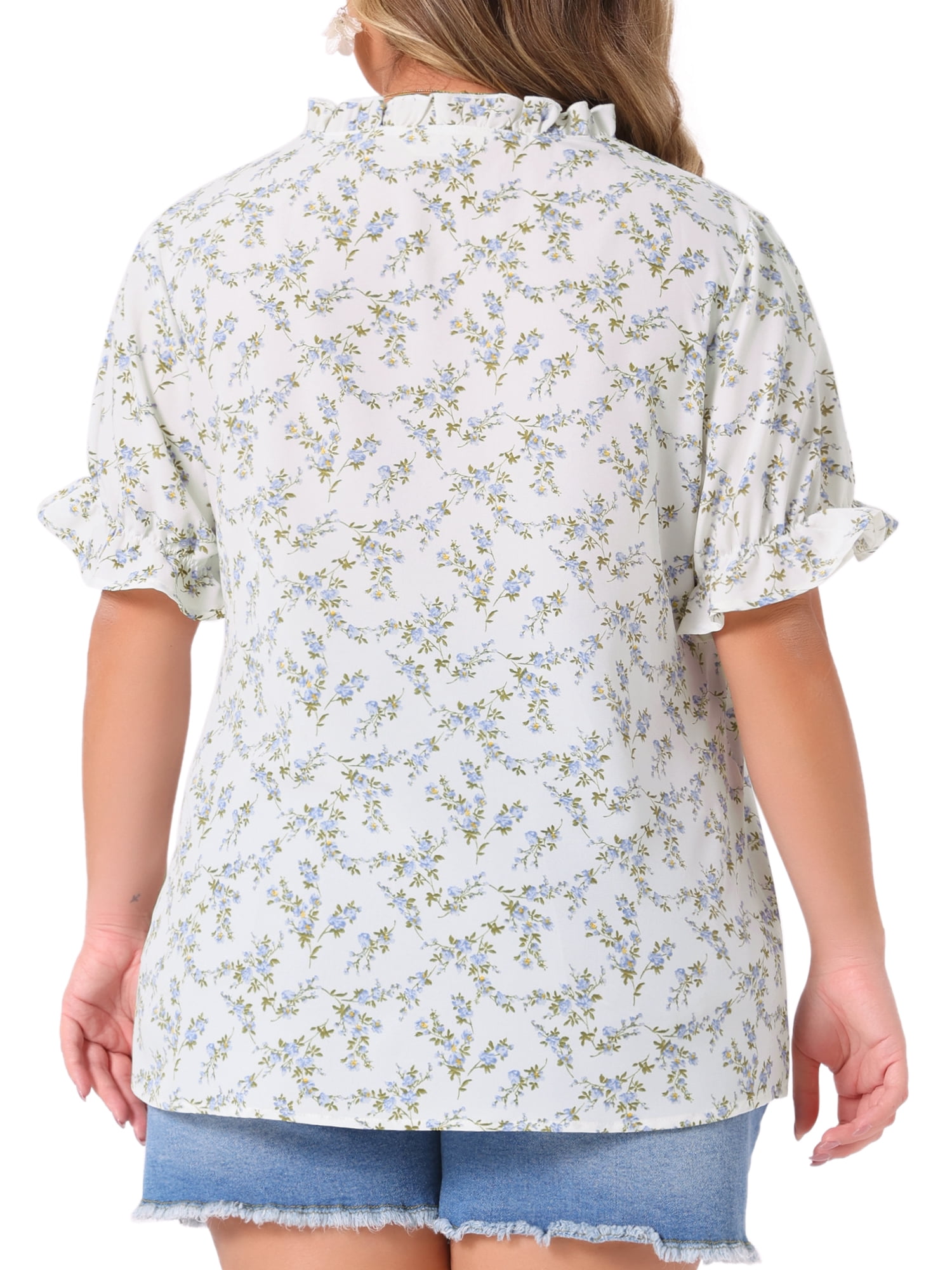 Women's Plus Summer Tops Floral V Neck Ruffle Puff Short Sleeve Casual Blouse Top 1X White