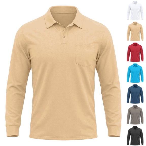 GrmtClth Polo Shirts for Men Long Sleeve Chest Pocket Sun Protection Lightweight Stretch Breathable Golf Business Casual Collared Tops Khaki L