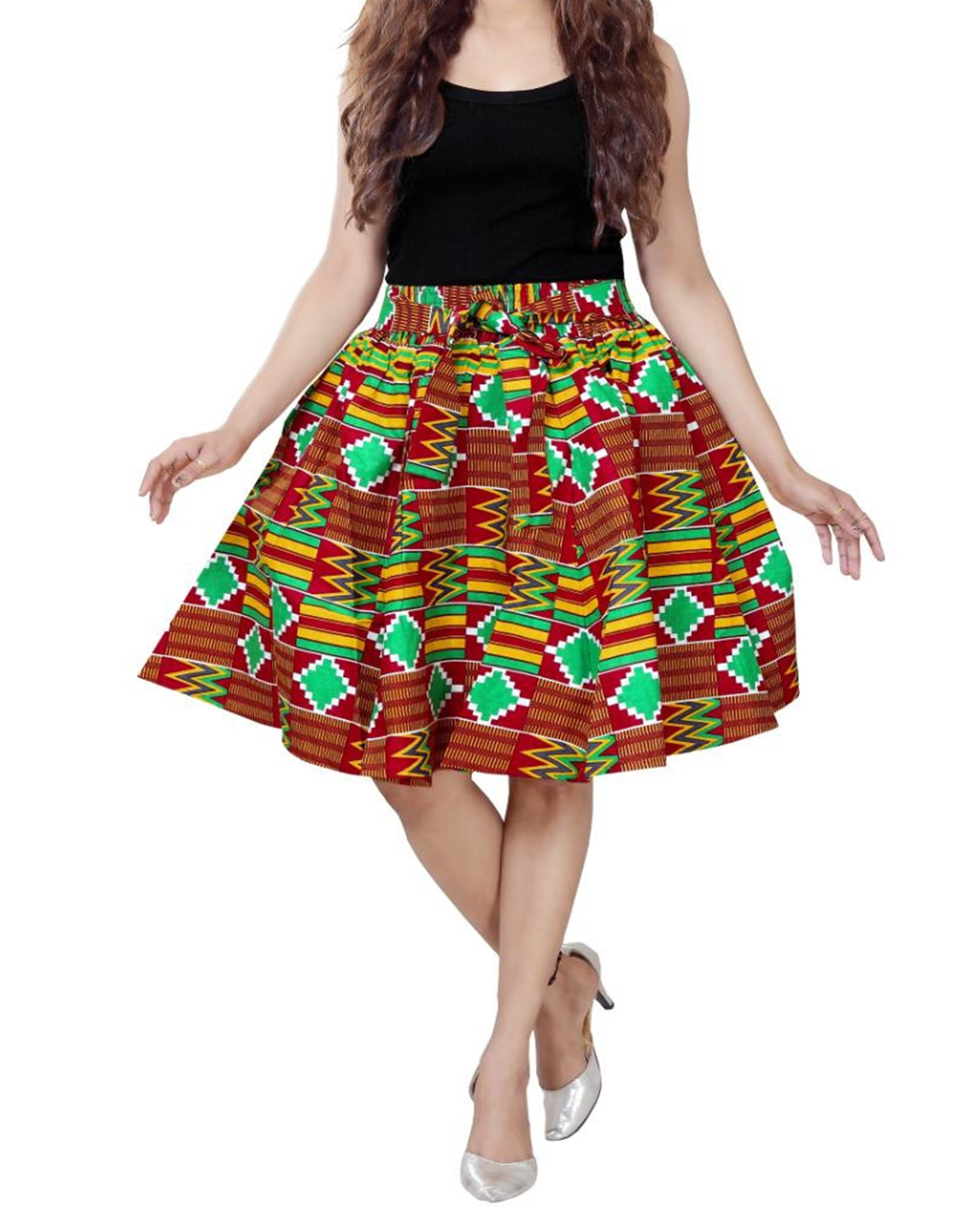 Women Skirt African Ankara Dashiki Print High Waist Elastic Free Size Green 