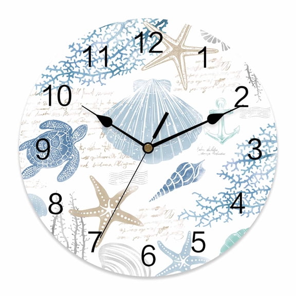 Wall Clock Marine Life Clocks PVC Silent Non-Ticking Battery Operated Decorative Sea Turtle Starfish Shell Coral Round Clock for Home Living Room Kitchen Bedroom Office School Wall Decor 10 Inch