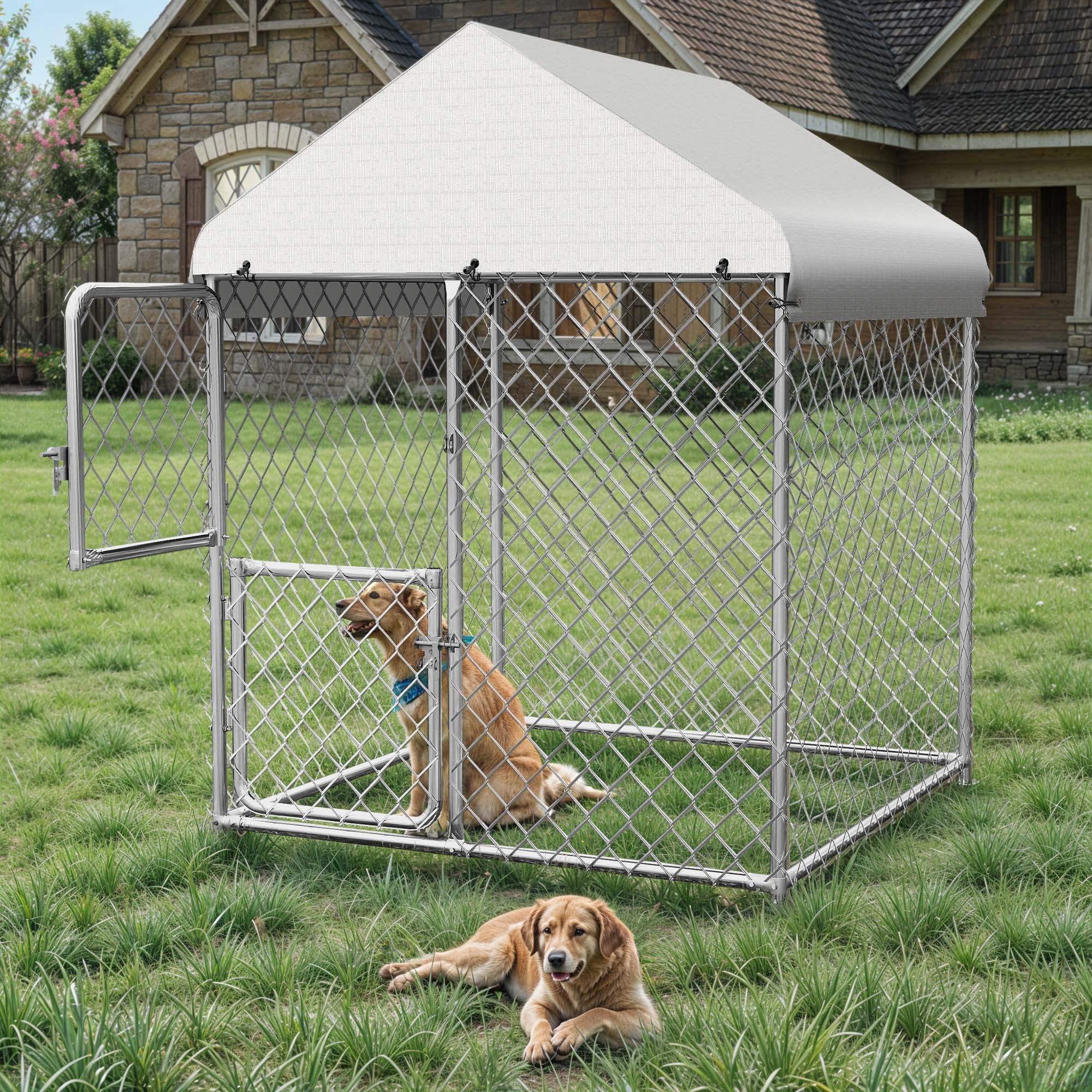 Uforic 4×5.4FT Outdoor Dog Kennel, Square Dog Crates Fence with Dual-Section Doors, Weather-Resistant Roof Cover, Mesh Design for Dogs of Various Sizes, Silver