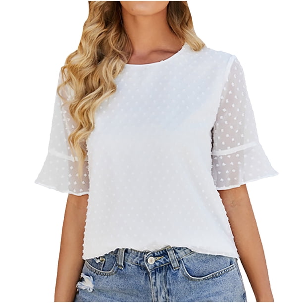 Moda mujer verano media manga pulóver sólido Casual blusa Tops Fridja ghk2420