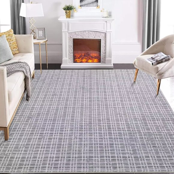 GlowSol 5x7 Area Rug Modern Geometric Rug Farmhouse Plaid Carpet Non-Slip Low Pile Washable Rug Indoor Foldable Thin Rug Home Floor Decor, Dark Gray