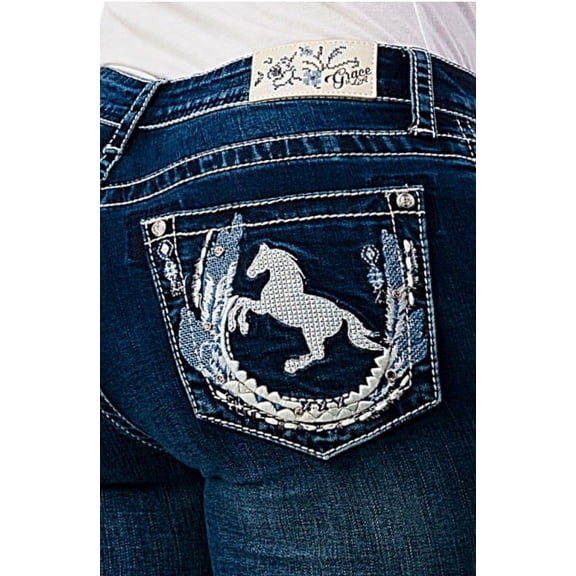 Grace in LA Women's Horse Embroidered Embellished Pocket Bootcut Stretch Jeans (25, Blue)