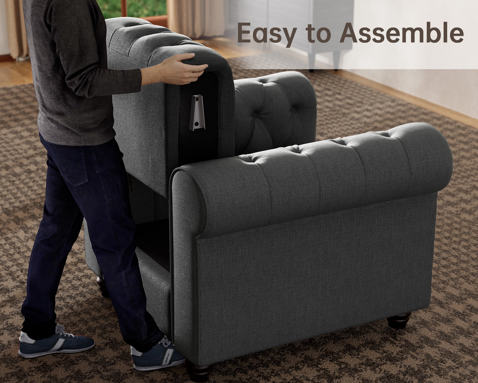 Morden Fort Linen Chesterfield Sofa, Accent Club Chair Charcoal Grey Living Room Chair