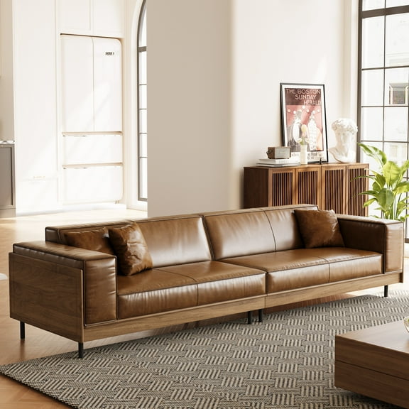 NessCarsti Modern 4 Seater Leather Sofa Set with Wood Frame, Brown Faux Leather Couch and Loveseat, Mid Century Modular Sectional for Living Room