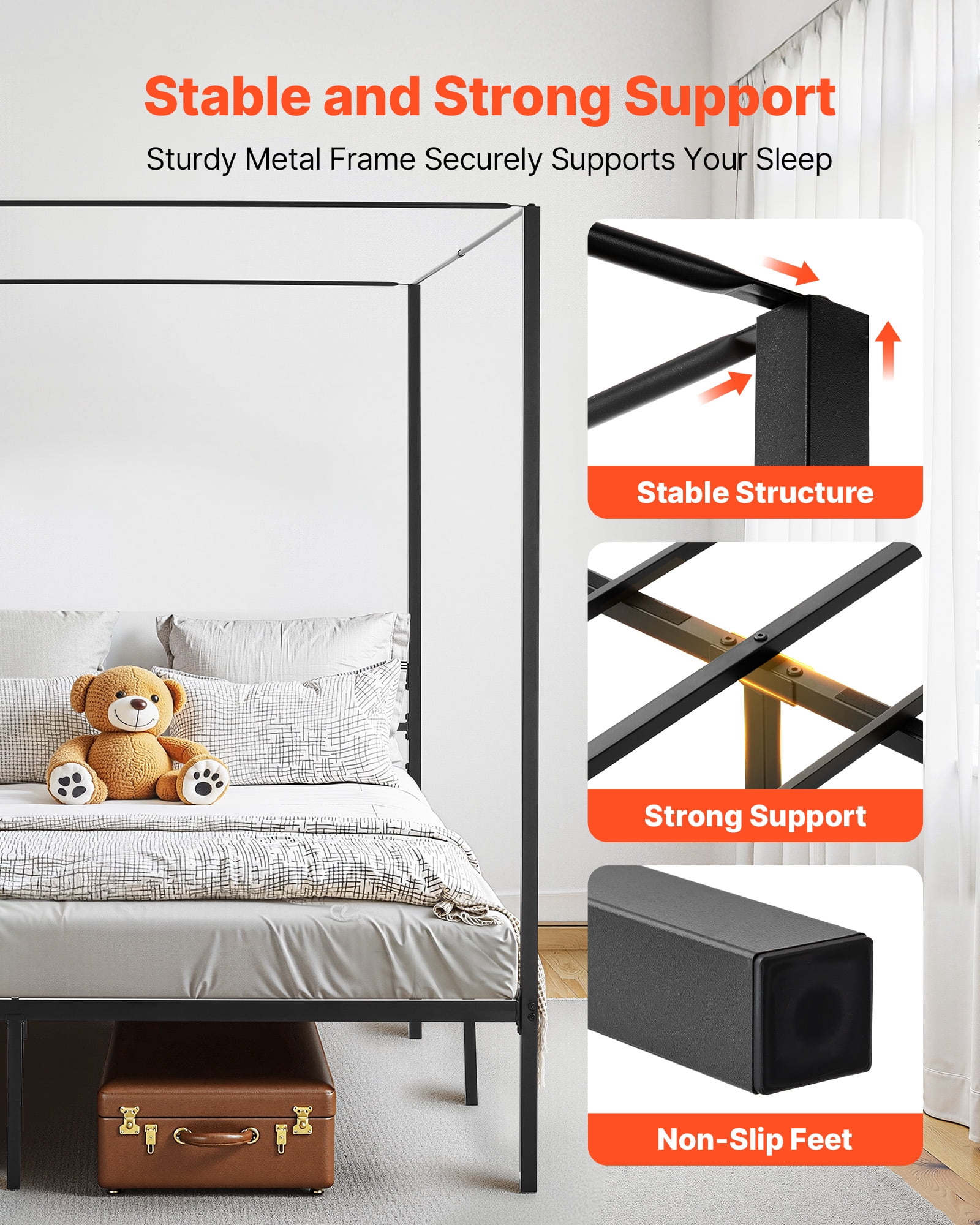 VEVOR King Size Canopy Bed Frame, Metal Canopy Bed with Four Posters Design, Heavy Duty Steel Slats Support, Underbed Storage Space, No Box Spring Needed, Easy Assembly, Black