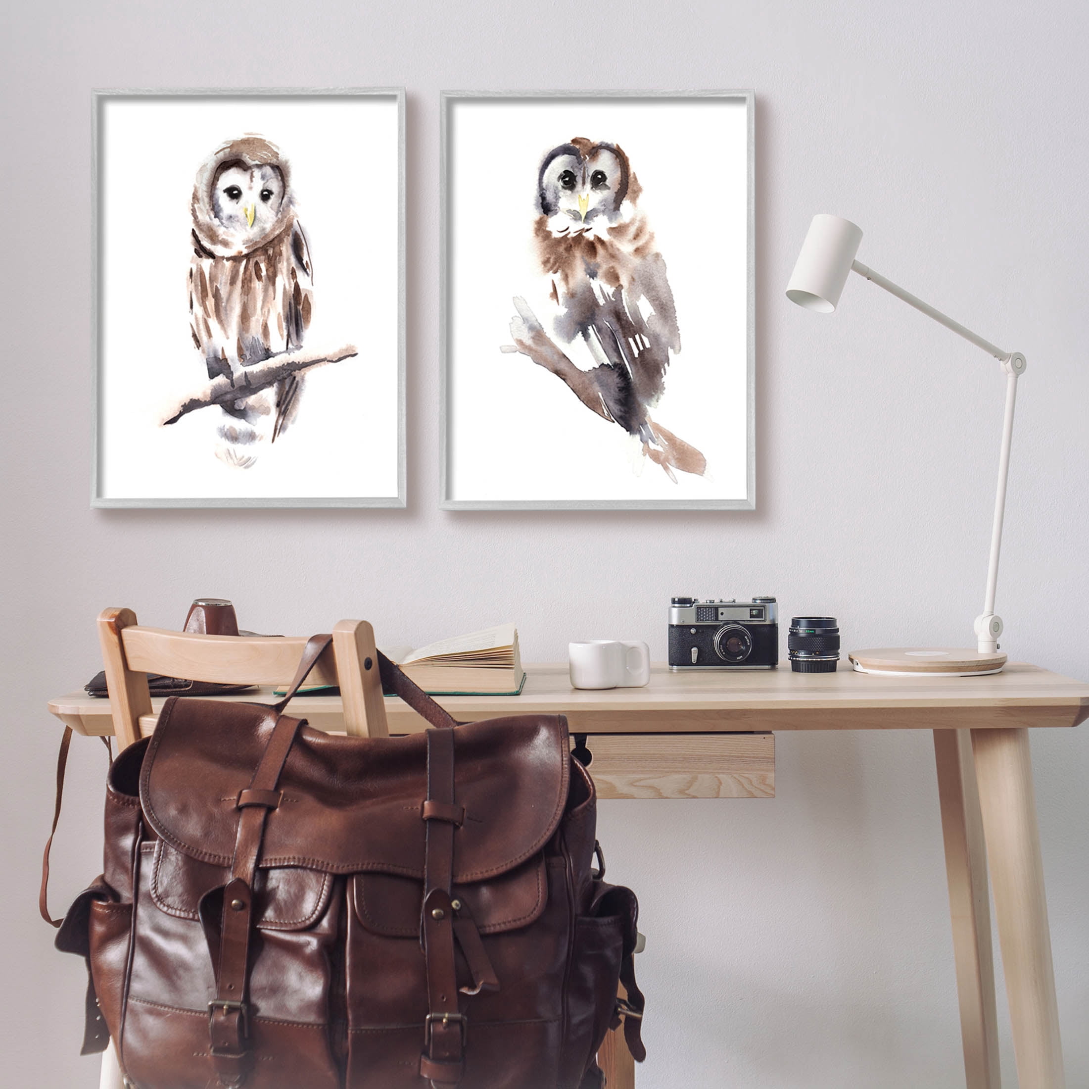 Stupell Industries Perched Owl Wildlife Portrait Painting Gray Framed Art Print Wall Art, Set of 2, Design by Annie Warren