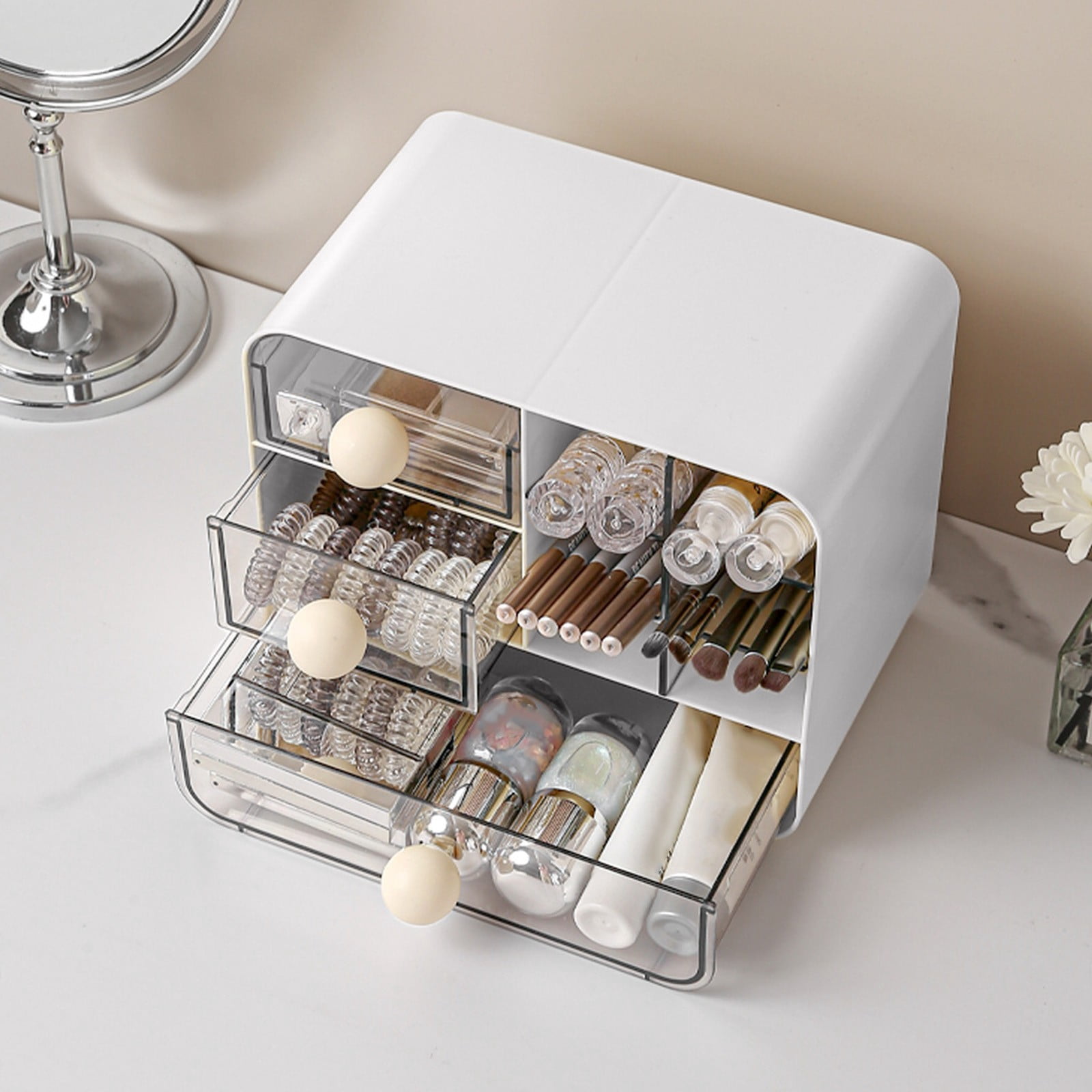 Desktop Storage Box with Drawers,7.6x6.2x4.7 Inch Student Office Accessory Organizer,Hand Account Insert Pen Container,Cosmetics Dormitory Desk Shelf for Small Items