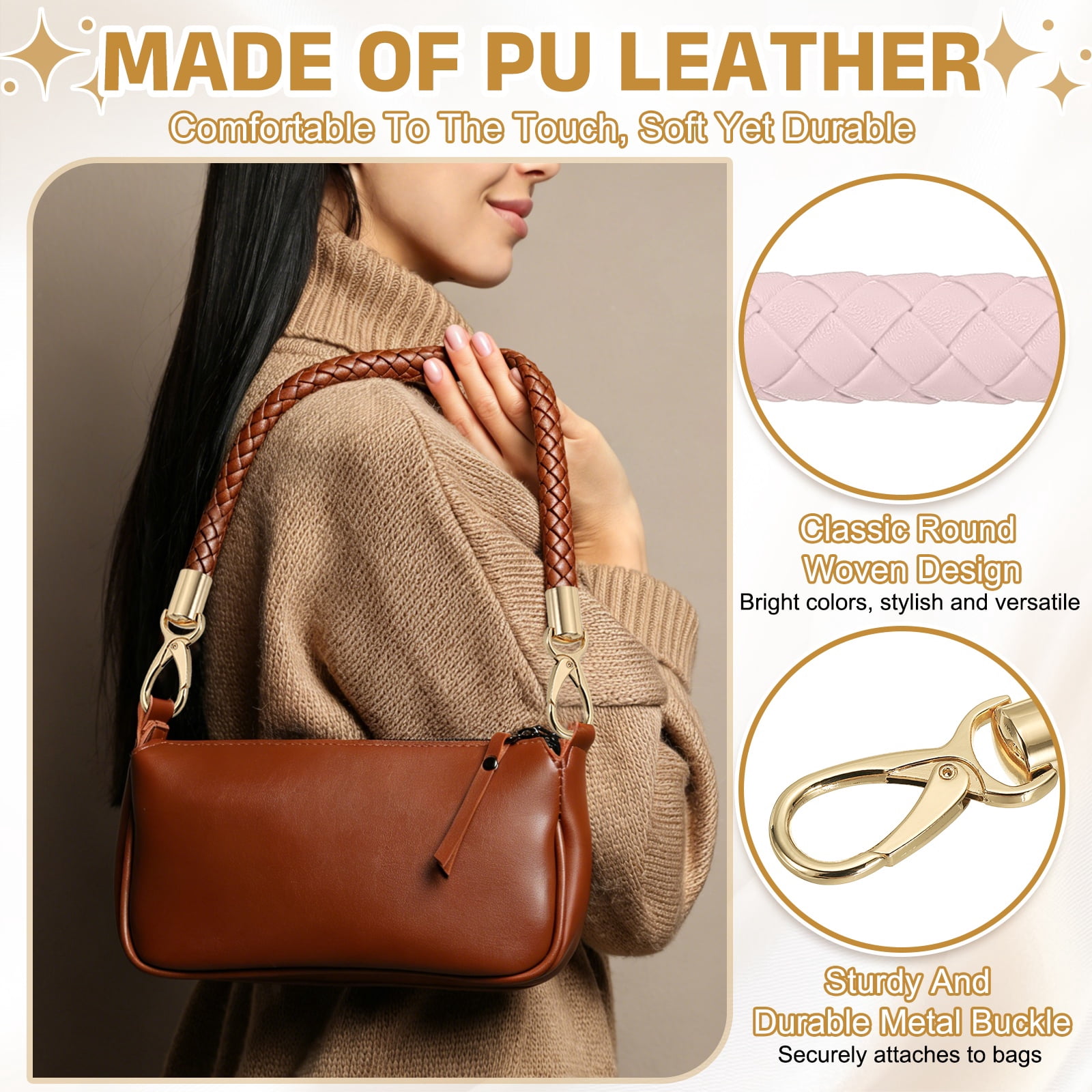 Uxcell 2 Pcs Braided Purse Strap, 65cm 25.6" PU Leather Shoulder Purse Strap for Handbag Bag Handle Replacement for DIY Making Handbag Underarm Bag, Light Pink (Light Gold Buckle)