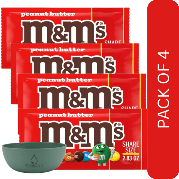 4 Pack Of M&M's Peanut Butter Milk Chocolate Candy – Share Size 2.83 oz Resealable Bag, With Olive Green Bowl By ValueNest