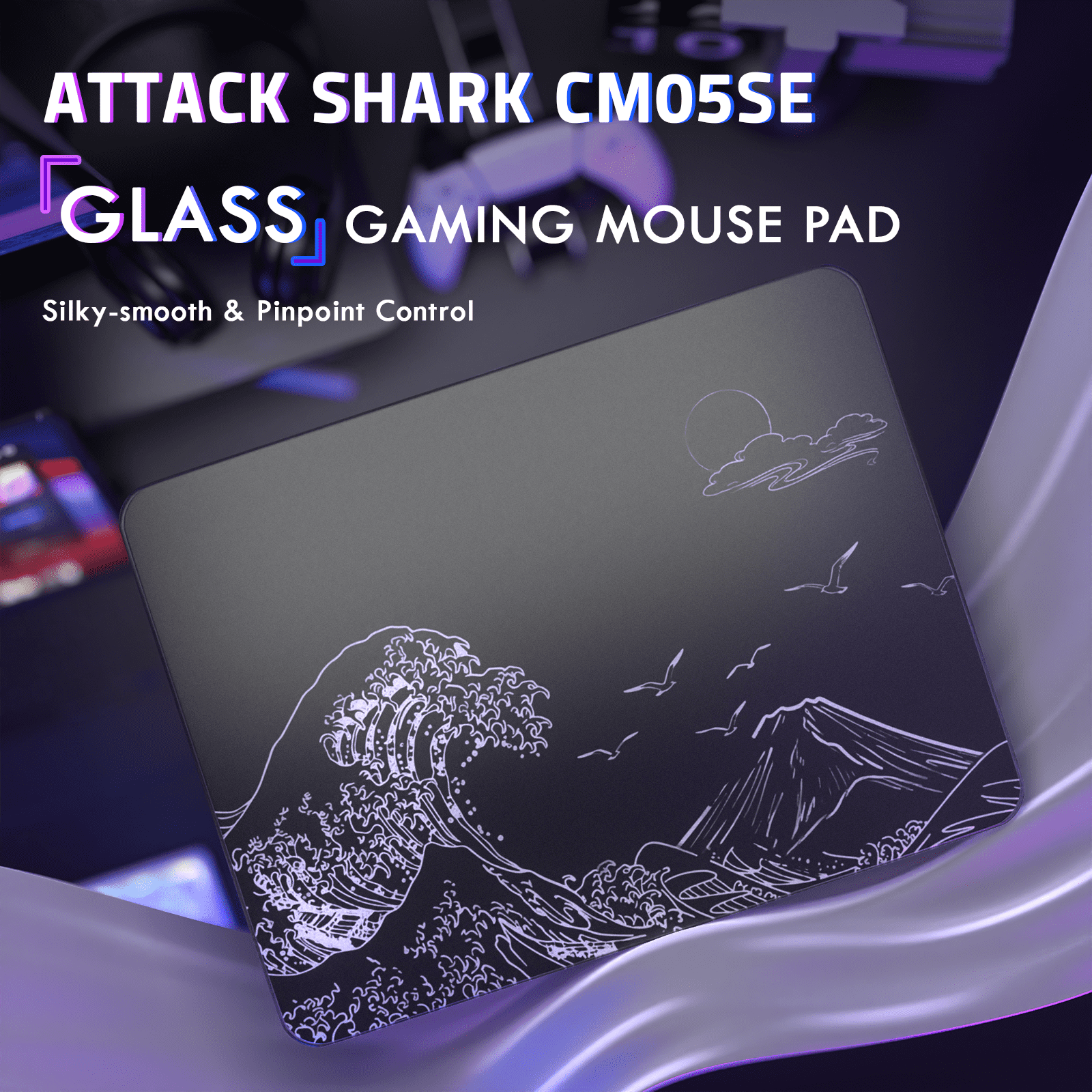 ATTACK SHARK CM05 SE Tempered Glass Mouse Pad, 16.1''×12.2'' Large Hard Gaming Mouse Pad, Nano-Etched Surface, 9H Anti-Scratch, Anti-Slip Base, Black Waves