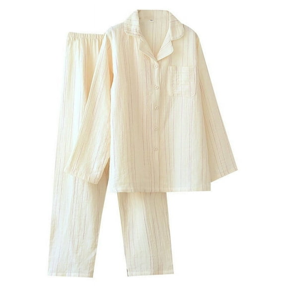Hrsba Women's Pajama Set Collar Stripe Long Sleeve Gauze Lightweight Breathable Sleepwear