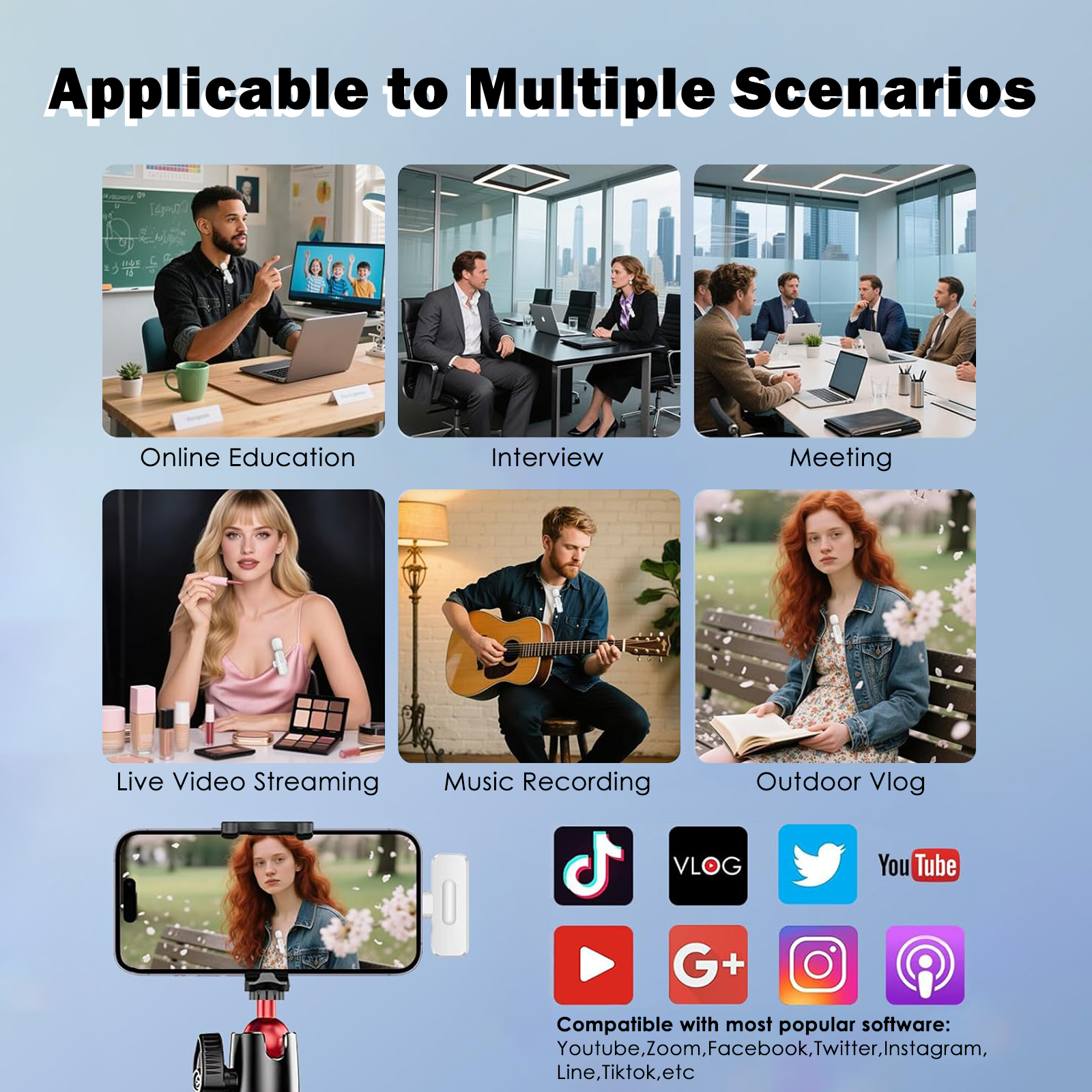 Wireless 2 Pack Clip-on Mini Microphone Compatible with iPhone iPad Android for Video Recording Tiktok Youtube Vlog Podcast, White