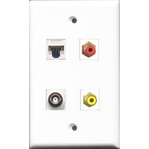 RiteAV 1 Port RCA Red and 1 Port RCA Yellow and 1 Port BNC and 1 Port Cat5e Ethernet White Wall Plate