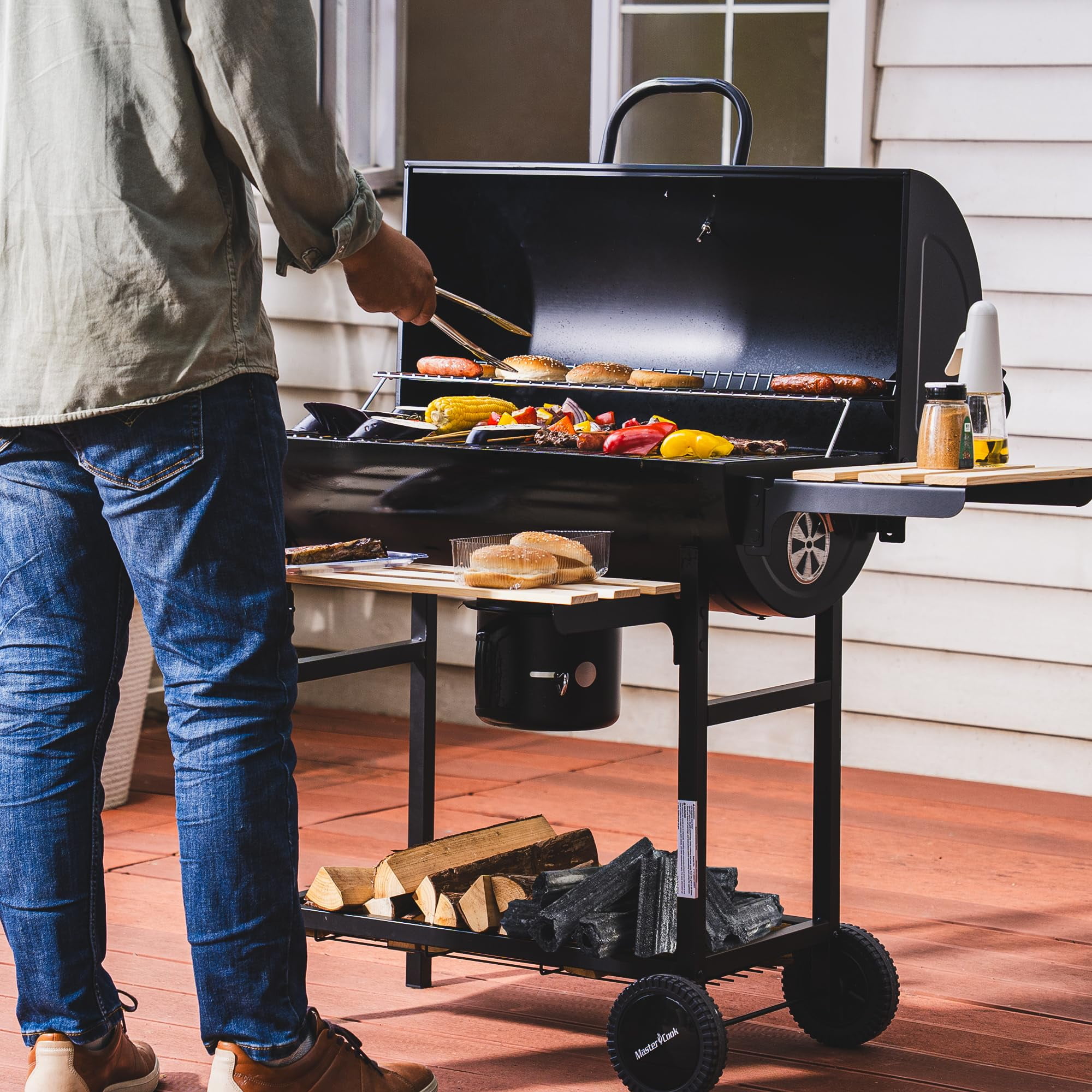 MASTER COOK 30" Barrel Charcoal Grill, Foldable Side Table, Outdoor Smoker Grill with Adjustable Air Vents & Thermometer for Backyard, Picnic