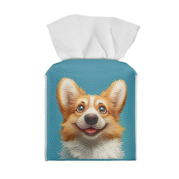 ZIATUBLE Corgi Square Tissue Box Covers PU Leather Tissue Box Holder Decorative Cube Tissue Holder for Kitchen Rectangular Napkin Organizer Dispenser Reusable Tissue Box Cover Case