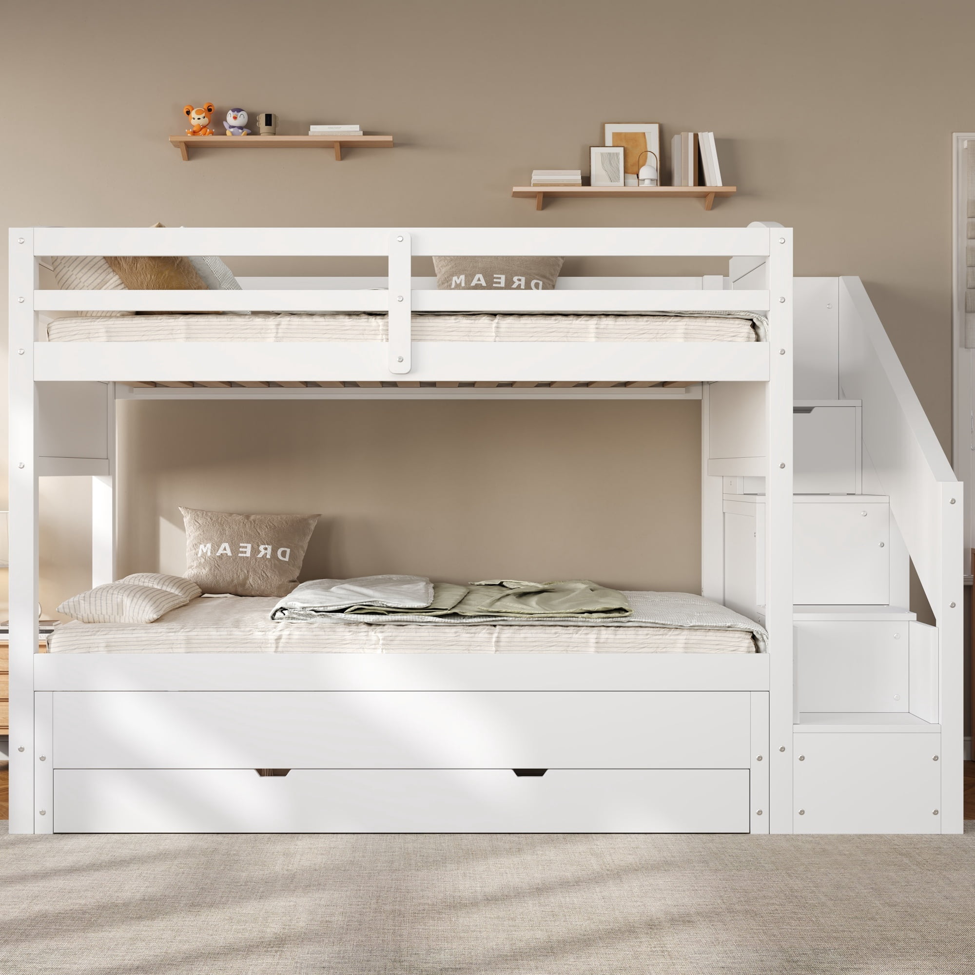 Euroco Wood Twin XL over Twin XL Bunk Bed with Trundle and Drawers,Storage Staircase and Wardrobe, White