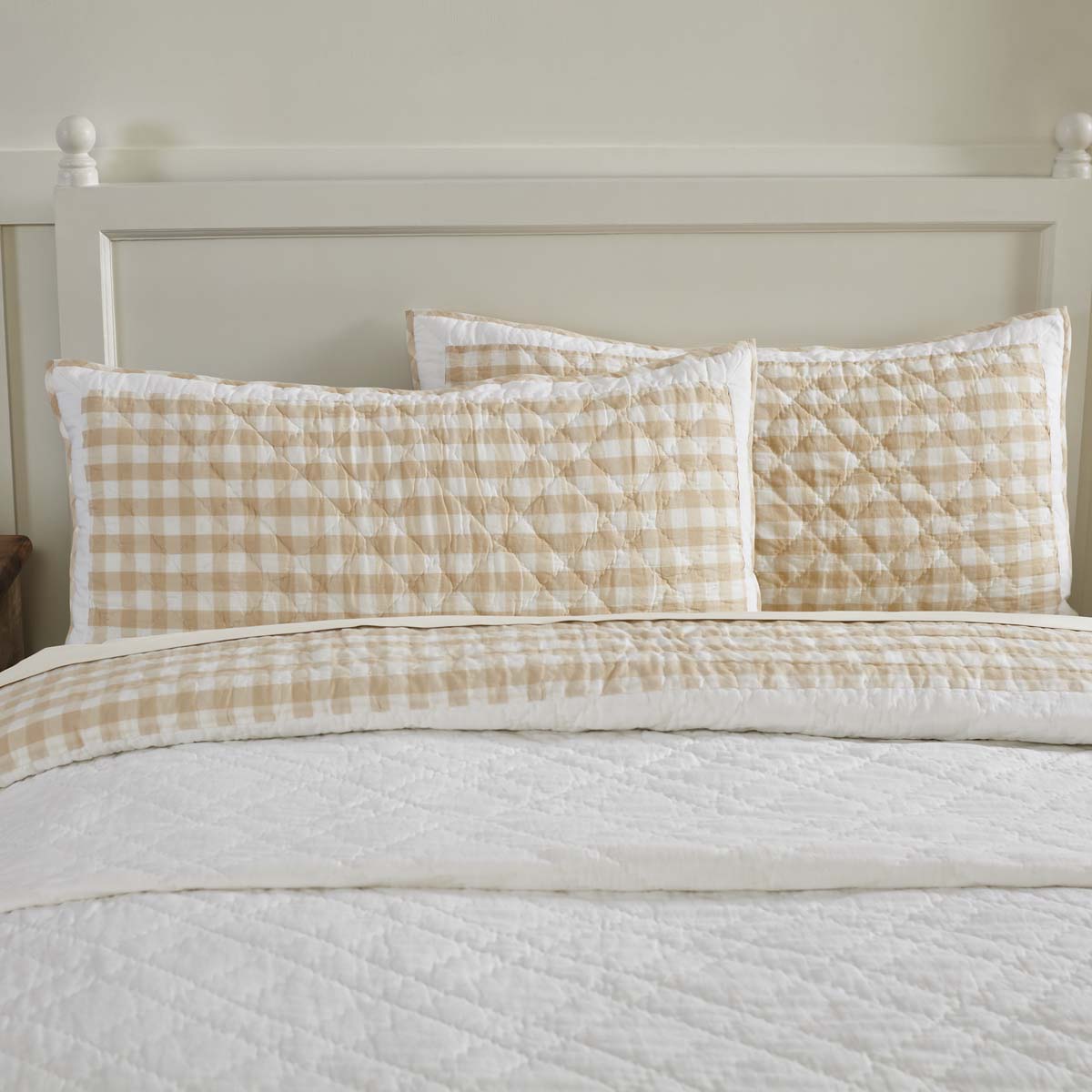 Antique White Tan Farmhouse Bedding Jenna Buffalo Check Cotton Hand Quilted Buffalo Check King