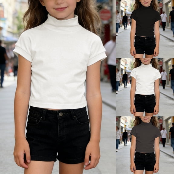 Kcolen Girl's Cap Sleeve Shirts Soft Turtle Neck T-Shirts Basic Casual Tunic Tops Solid Cute Stretchy Summer Tees