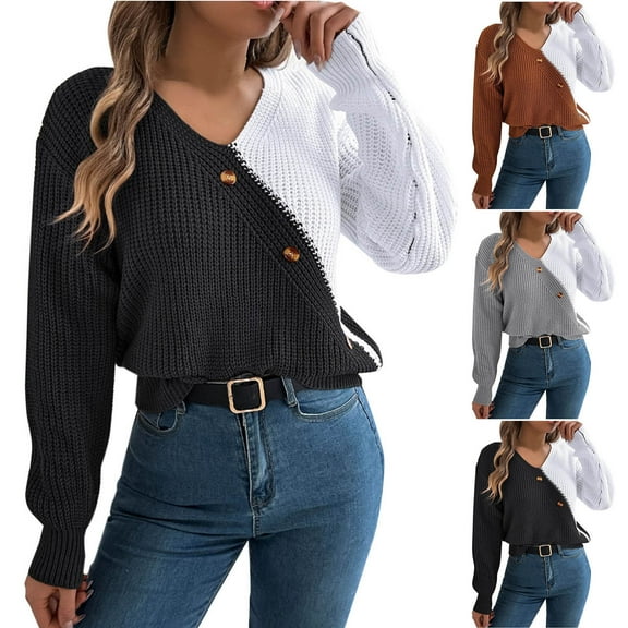 Fartey Fashion Color Block Sweater for Women Fall Winter V Neck Chunky Knit Pullover Sweaters Loose Fit Long Sleeve Drop Shoulder Sweaters Black S