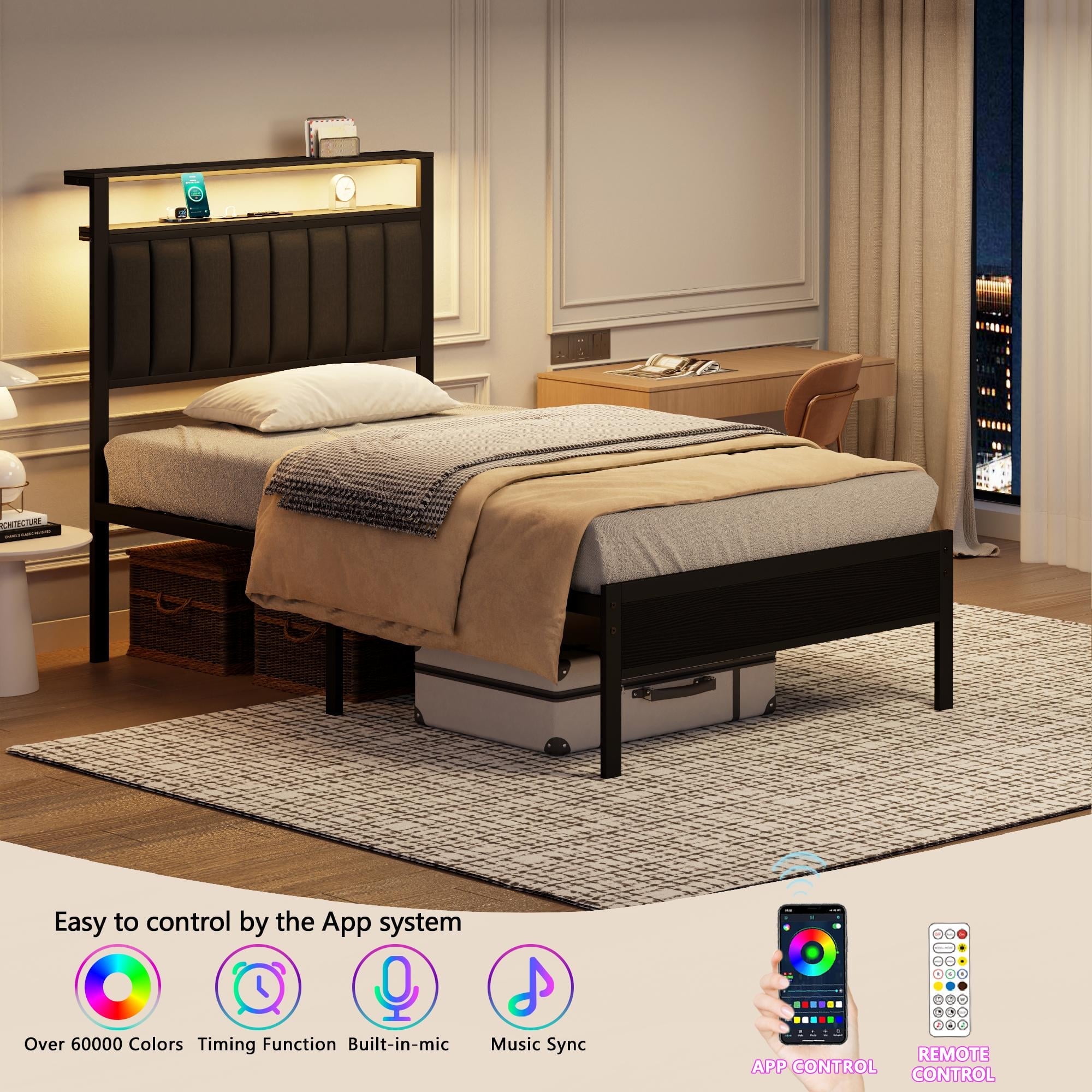Tydimor Twin Size Platforrm Bed Frame with Charging Station, LED Standard Storage Space Bed for Bedroom, No Box Spring Needed
