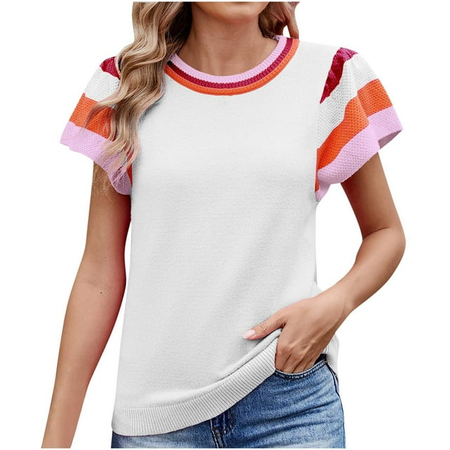 hotojiny Womens Summer Tops Fashion Color Block Ruffle Short Sleeve T Shirts Casual Crew Neck Basic Tee 2025 Trendy Outfits