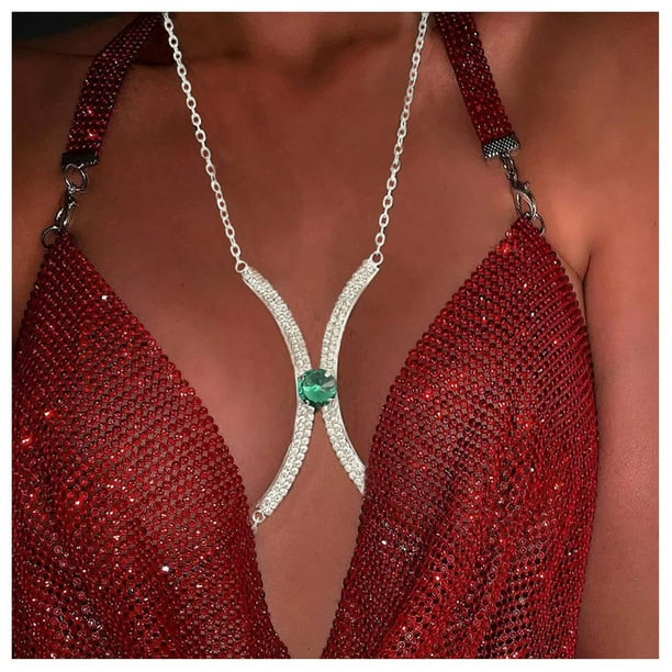 Jinsinto Heart Rhinestone Chest Bracket Chain Crystal Chest Bracket Rhinestone  Bra Body Chain Bikini Harness Chest Chain for Women (Heart) 