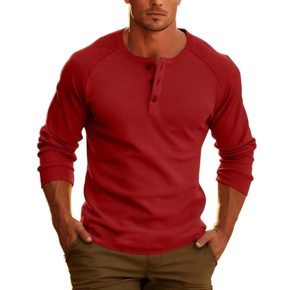 Men's Henley Shirts Long Sleeve Casual Button T-Shirt Basic Lightweight Fashion Tops Red XL