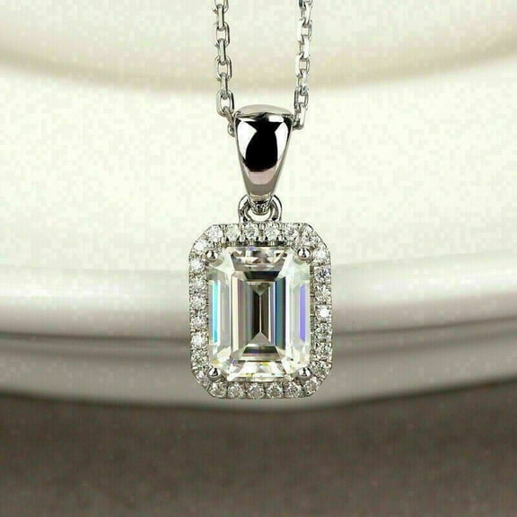 3Ct Emerald Cut Lab Created Diamond Halo Pendant 14K White Gold Finish Free Chain