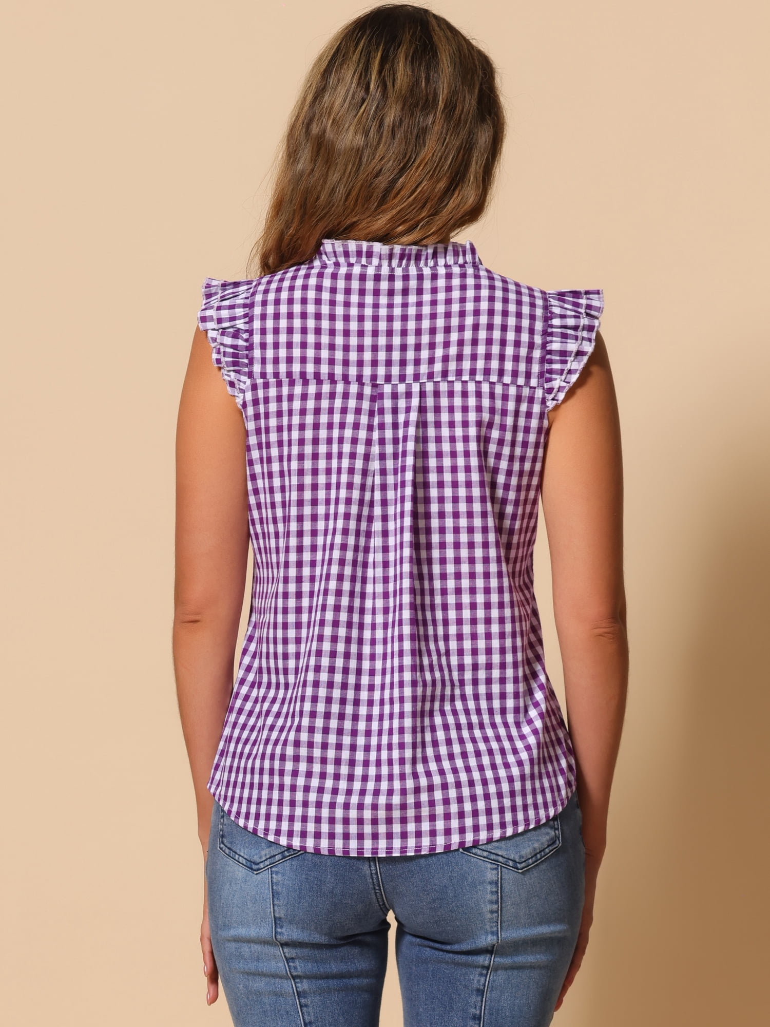DARING DIVA Women's Cap Sleeve Plaid Gingham Ruffle Blouse S Purple