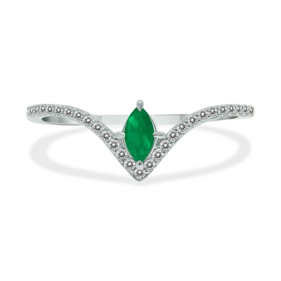 SZUL Women's 1/4 Carat TW Emerald and Diamond V Shape Ring in 10K White Gold