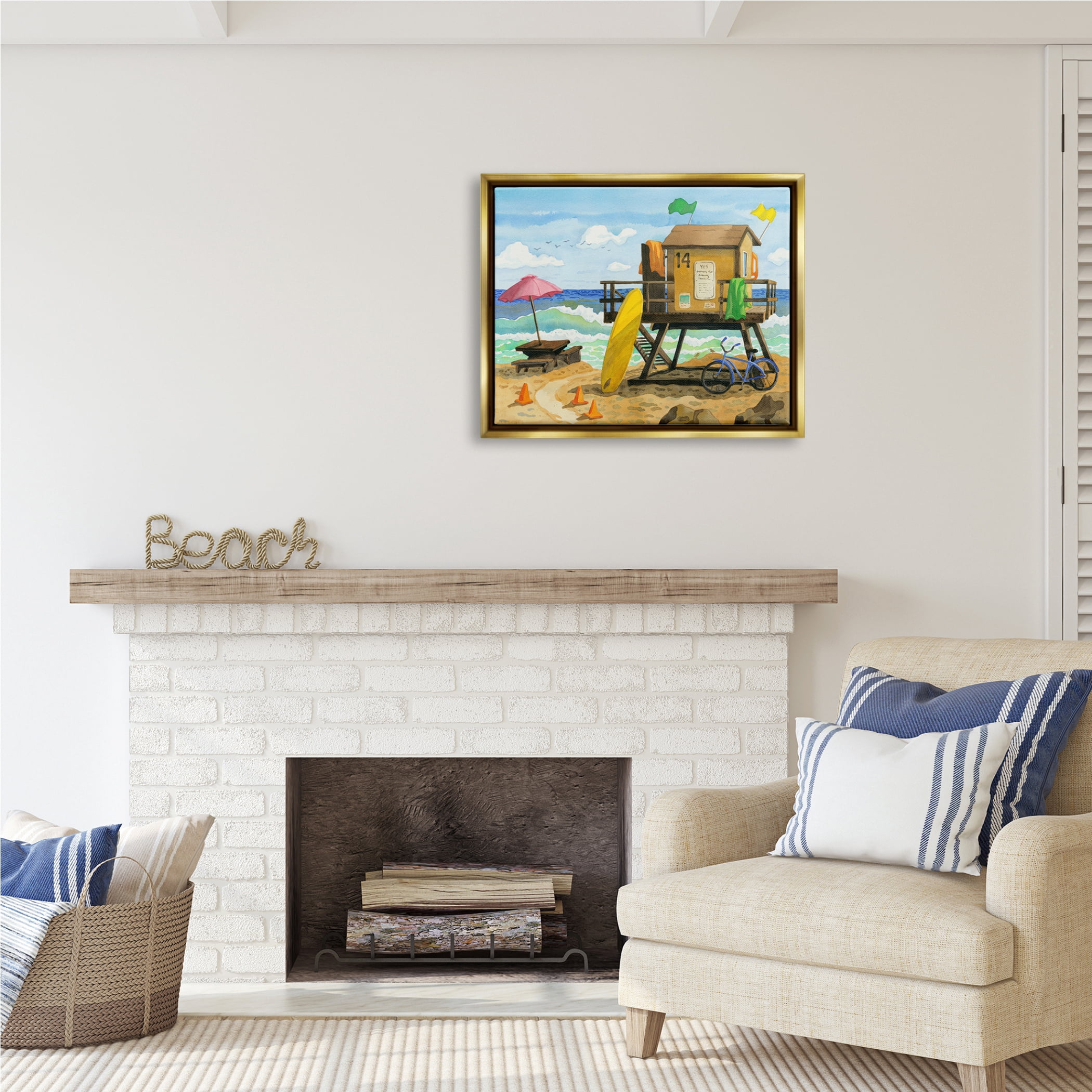 Stupell Industries Lifeguard Hut on Beach Nature Painting Gold Floater Framed Art Print Wall Art, 31 x 25