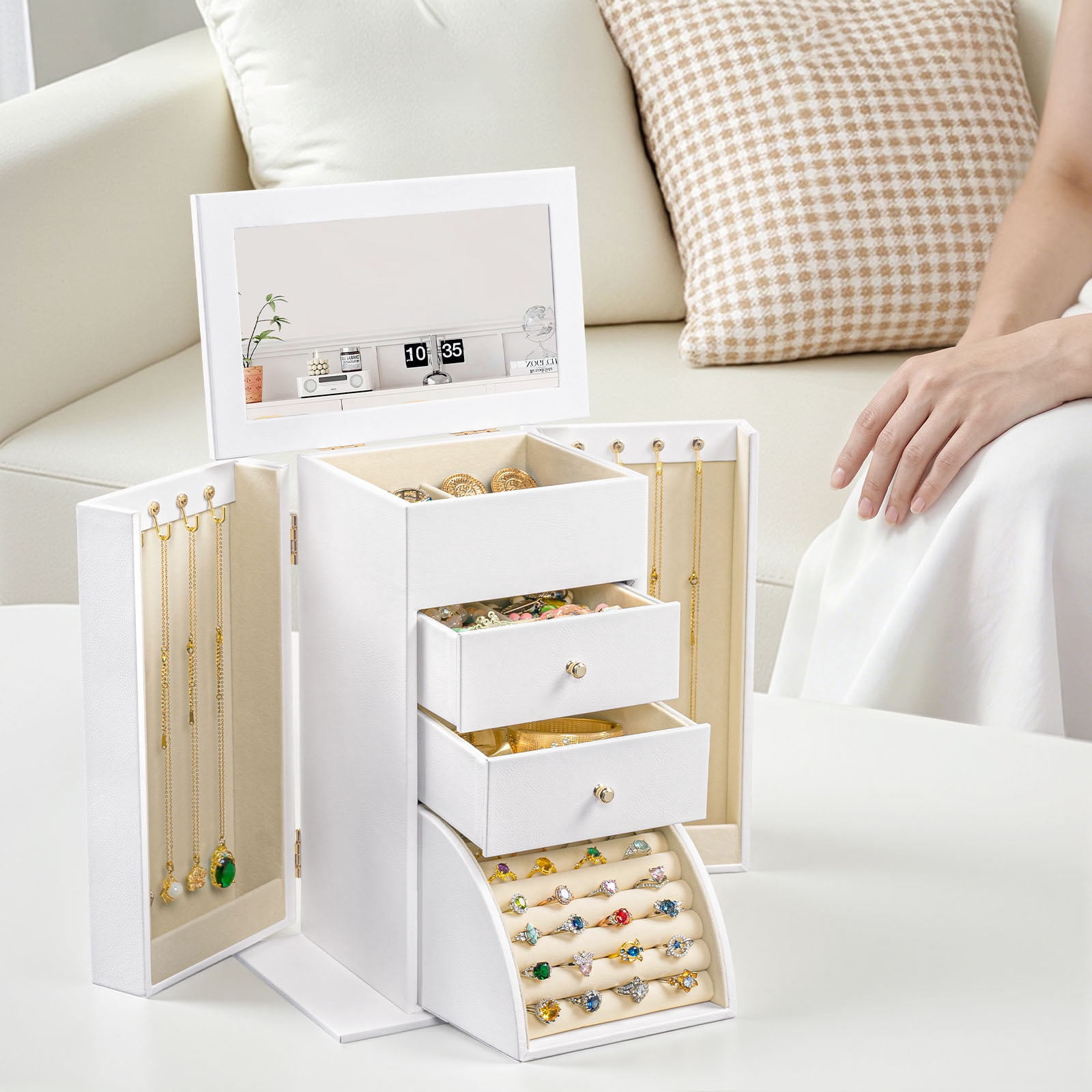 Sfugno Jewelry Box, 4 Layer Leather Jewelry Boxes for Women, Jewelry Organizer Box Display for Rings Earrings Necklaces Bracelets,White