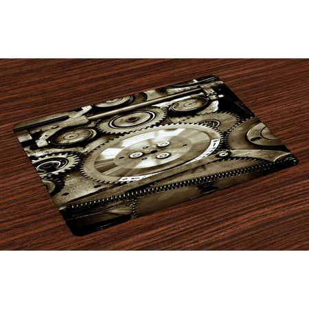 4 Piece Gear Industrial Placemats Set of 4 Pieces of Old Mechanism Close Up Gears View Grunge Antique Cogs Technical Image Print, Washable Fabric Place Mats for Dining Room Kitchen Table Decor,Sepia, by Ambesonne ()