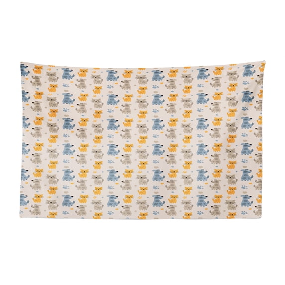 Cartoon Tapestry, Pattern of Chinese Lion Dog Chow Chow Having Fun in Flowers Illustration, Fabric Wall Hanging Decor for Bedroom Living Room Dorm, 2 Sizes, Camel Pistachio Green, by Ambesonne